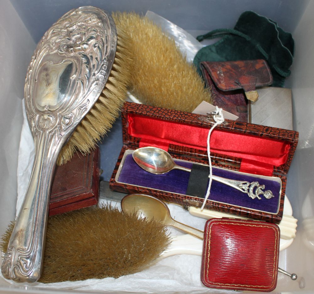 A box of assorted curios including a portrait miniature